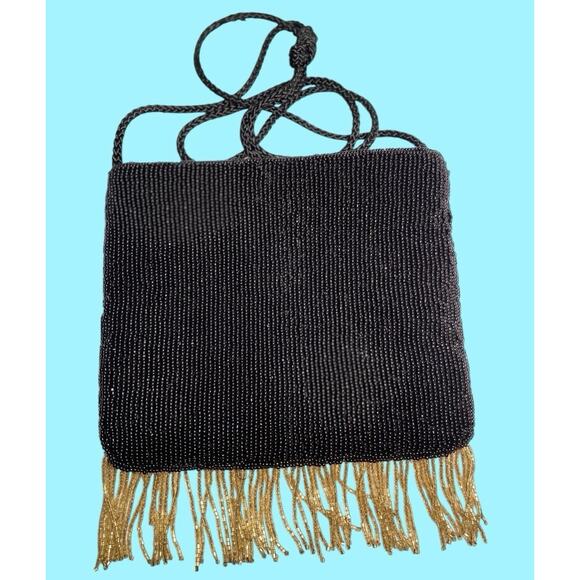 Beaded Evening Black Bag Gold Flowers & Fringe Rhinestones By Accessories Lady - Picture 2 of 8